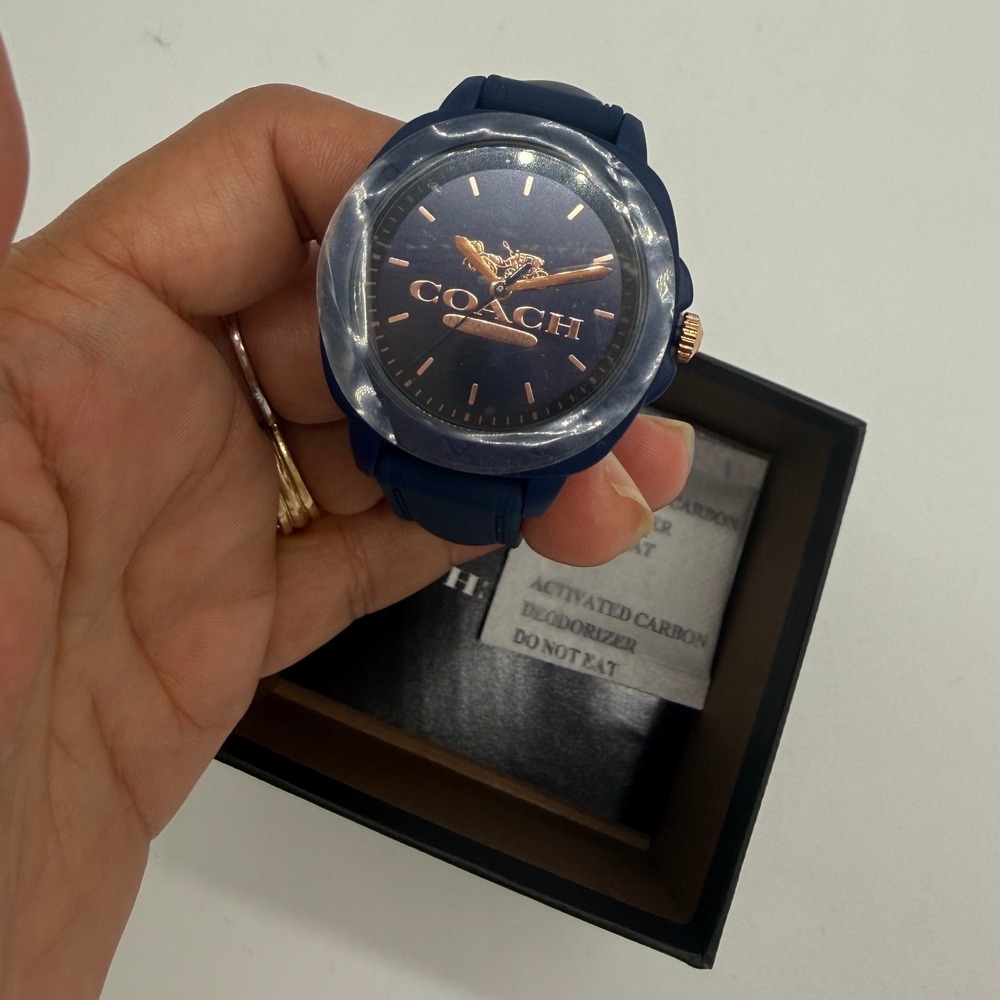 Coach New York Women Navy Blue Silicone Strap Watch Rose Gold Tone Logo Boxed
